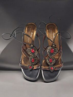 Donald J. Pliner Women's Gray Strappy Sandals with Red Jewel Accents